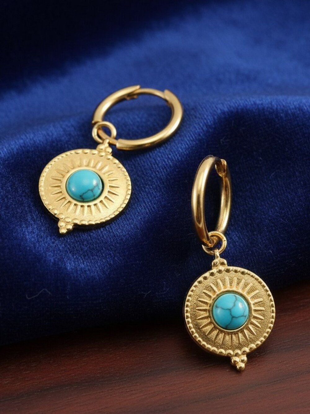 Hoop Drop Earrings 18K Gold-Plated, Turquoise Round Sunburst